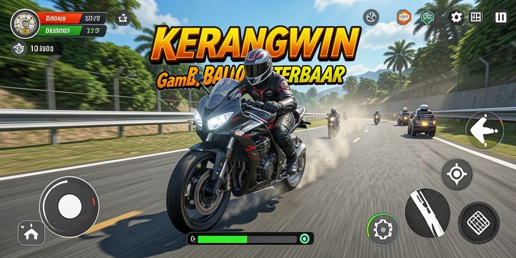 Screenshot menunjukkan aksi balapan motor yang seru di KERANGWIN.